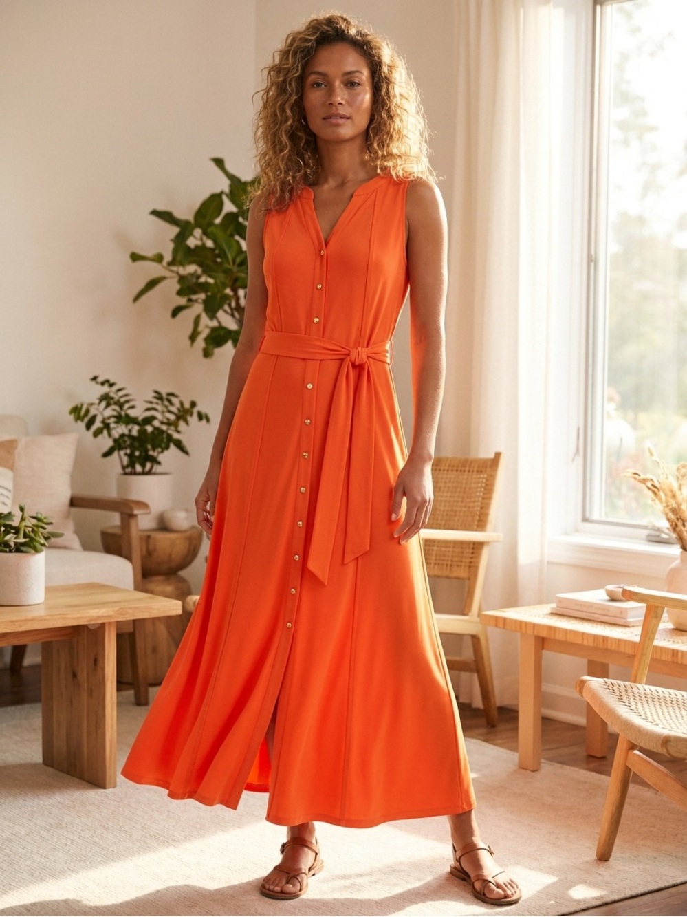 Talbots Vibrant Orange Sleeveless Button-Front Maxi Dress with Tie